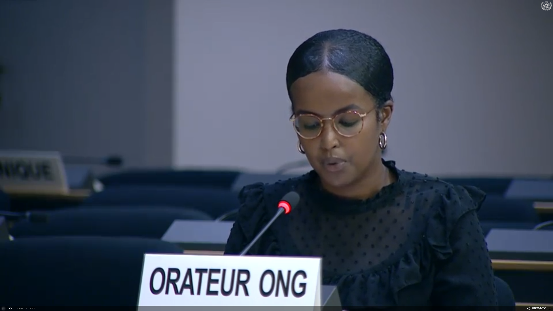 Human Rights and Refugees Programme Assistant Najmah Ali delivering oral statement.