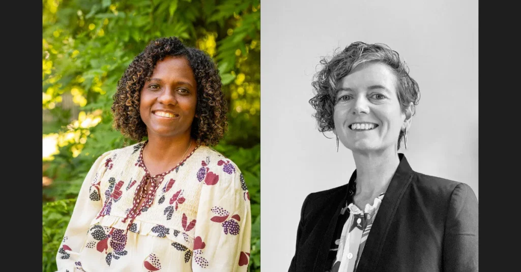 Two women are shown side by side; the left is outdoors in color, wearing a patterned blouse, while the right is indoors in black and white, wearing a blazer over a patterned shirt.